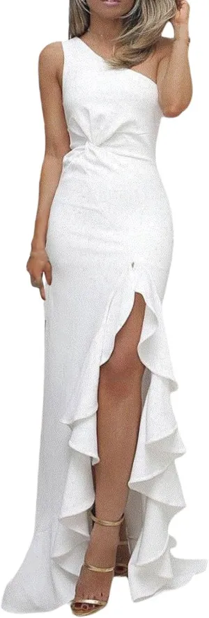 Women's Summer Formal Wedding Guest Dress Off Shoulder High Slit Maxi Bodycorn Dress Ruffle Hem Long Dresses