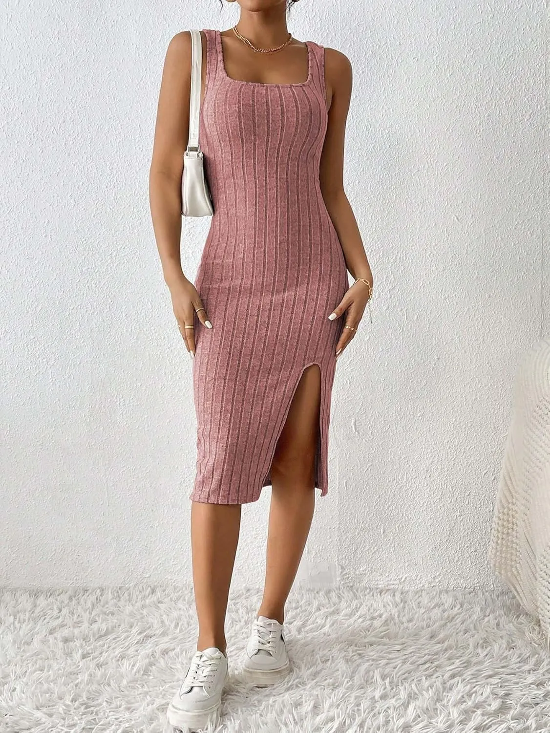 Womens Summer Tank Dress Casual Sleeveless Square Neck Dresses Bodycon Side Slit Sundress Midi Ribbed Sweater Dresses