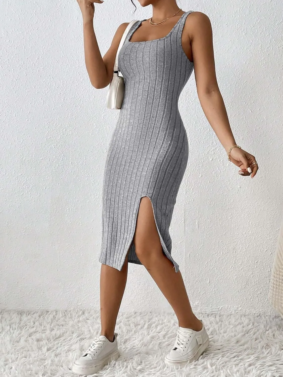 Womens Summer Tank Dress Casual Sleeveless Square Neck Dresses Bodycon Side Slit Sundress Midi Ribbed Sweater Dresses