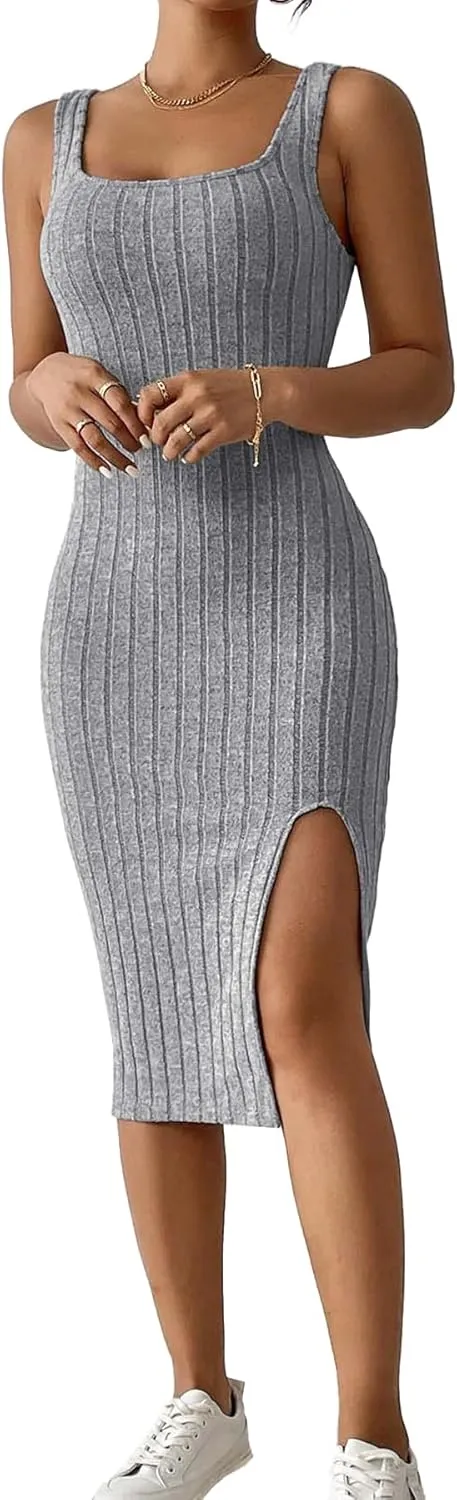 Womens Summer Tank Dress Casual Sleeveless Square Neck Dresses Bodycon Side Slit Sundress Midi Ribbed Sweater Dresses
