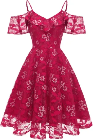 Womens Vintage Lace Floral Wedding Party Dress Short Aline Cocktail Swing Dress