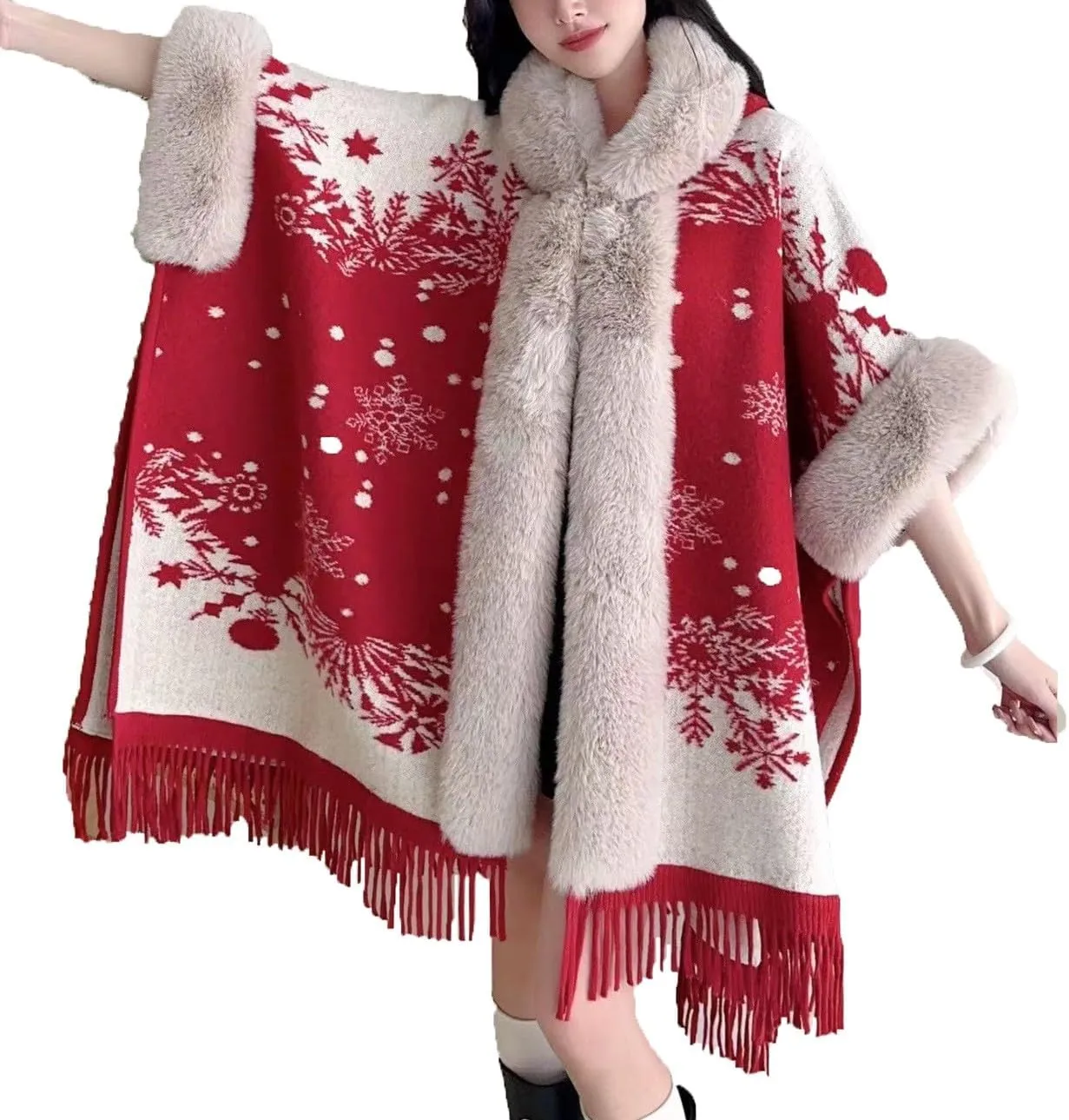 XUNRYAN Women's Winter Faux-Fur Cape Coat Christmas Cloak Shawl Wraps Wool-Blend Cardigan Poncho Warm Sherpa Fleece Jackets
