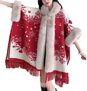 XUNRYAN Women's Winter Faux-Fur Cape Coat Christmas Cloak Shawl Wraps Wool-Blend Cardigan Poncho Warm Sherpa Fleece Jackets