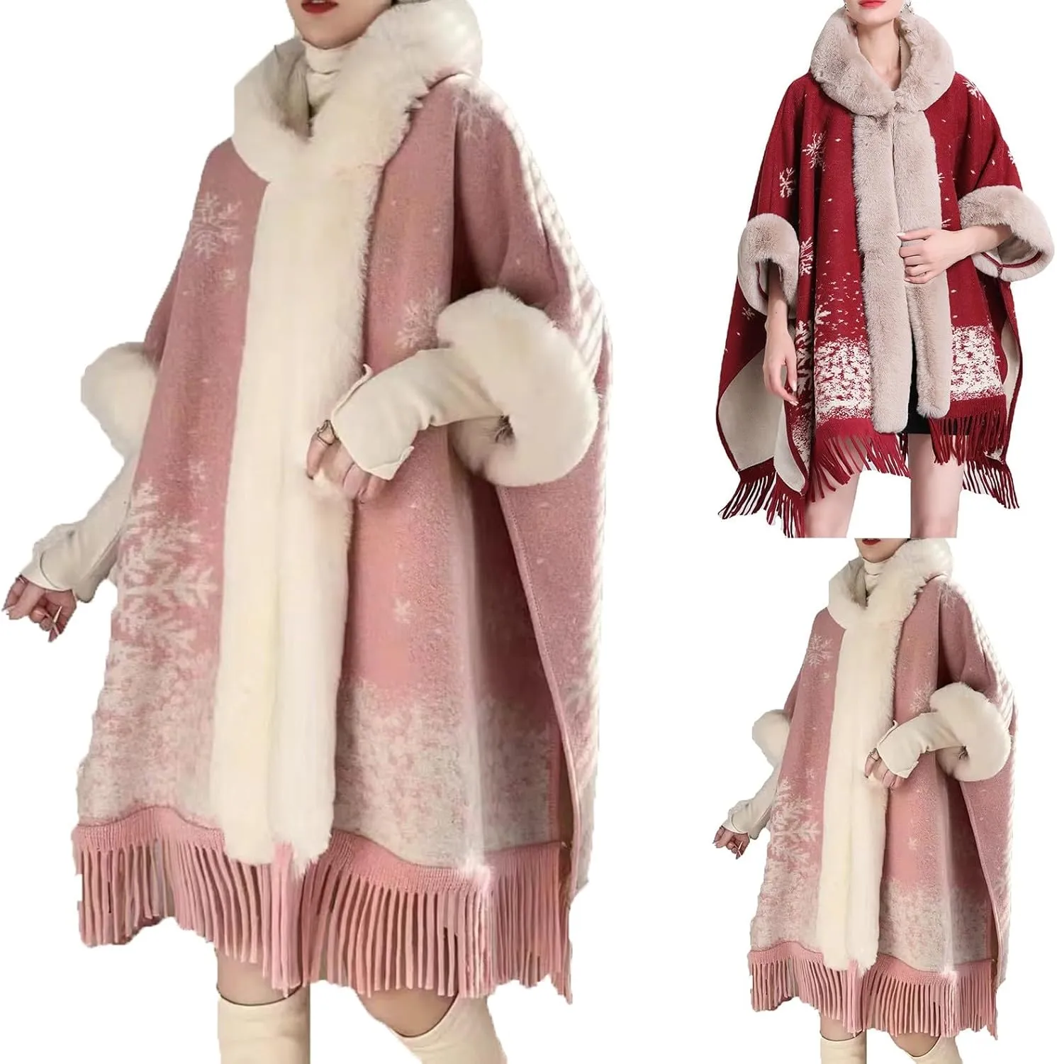 XUNRYAN Women's Winter Faux-Fur Cape Coat Christmas Cloak Shawl Wraps Wool-Blend Cardigan Poncho Warm Sherpa Fleece Jackets