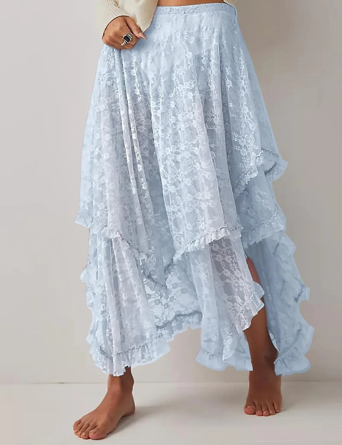 Yimoon Women's Floral Lace Long Skirts Elastic Asymmetrical Layered See-Through Maxi Skirts Sexy Sheer Flowy Beach Skirt