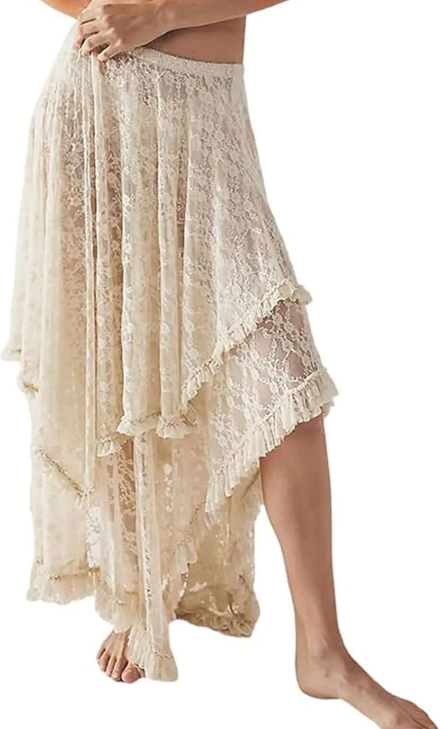 Yimoon Women's Floral Lace Long Skirts Elastic Asymmetrical Layered See-Through Maxi Skirts Sexy Sheer Flowy Beach Skirt
