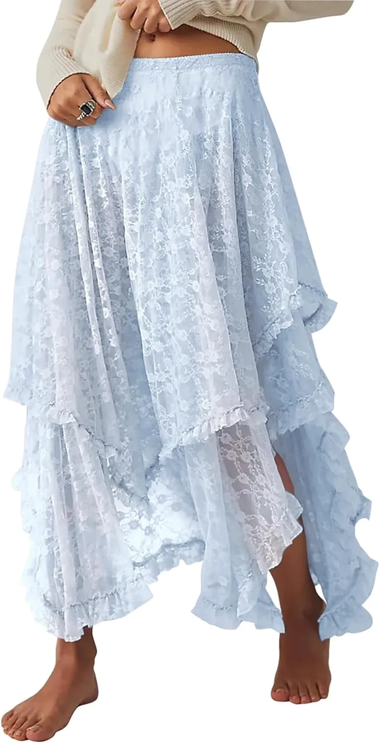 Yimoon Women's Floral Lace Long Skirts Elastic Asymmetrical Layered See-Through Maxi Skirts Sexy Sheer Flowy Beach Skirt