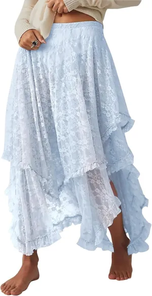Yimoon Women's Floral Lace Long Skirts Elastic Asymmetrical Layered See-Through Maxi Skirts Sexy Sheer Flowy Beach Skirt