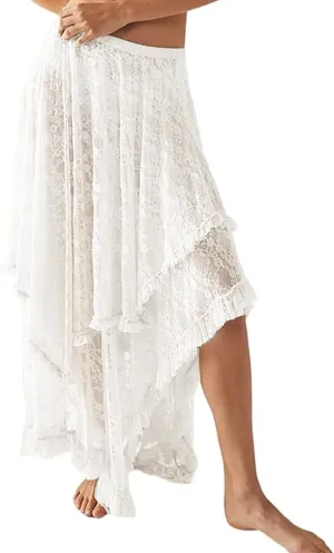 Yimoon Women's Floral Lace Long Skirts Elastic Asymmetrical Layered See-Through Maxi Skirts Sexy Sheer Flowy Beach Skirt
