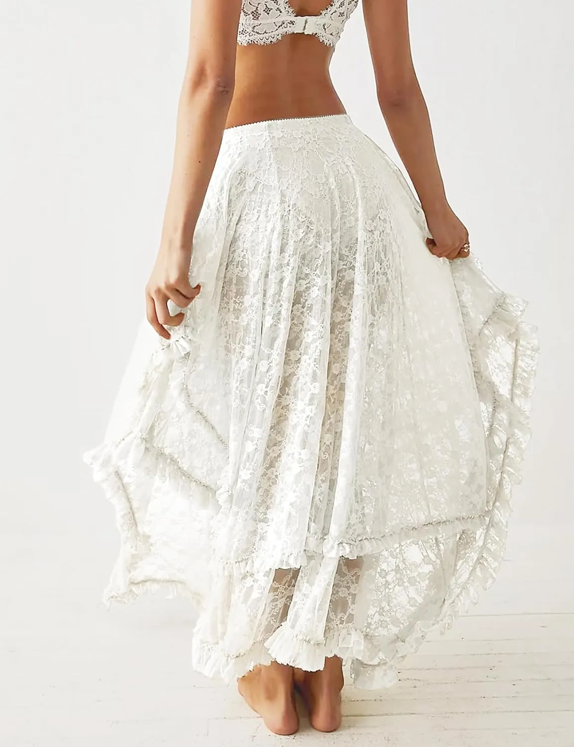 Yimoon Women's Floral Lace Long Skirts Elastic Asymmetrical Layered See-Through Maxi Skirts Sexy Sheer Flowy Beach Skirt