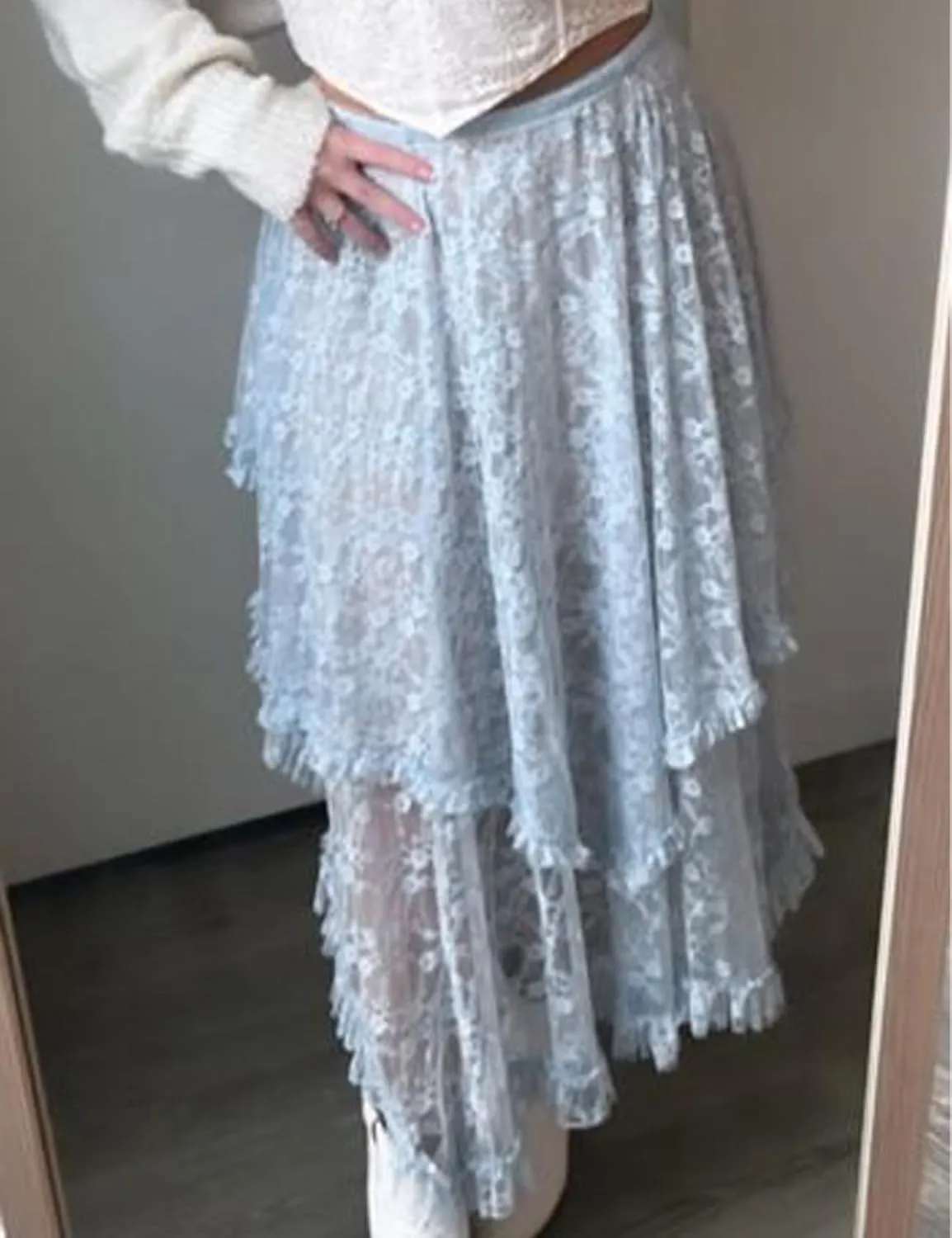 Yimoon Women's Floral Lace Long Skirts Elastic Asymmetrical Layered See-Through Maxi Skirts Sexy Sheer Flowy Beach Skirt