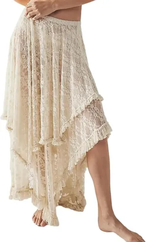 Yimoon Women's Floral Lace Long Skirts Elastic Asymmetrical Layered See-Through Maxi Skirts Sexy Sheer Flowy Beach Skirt
