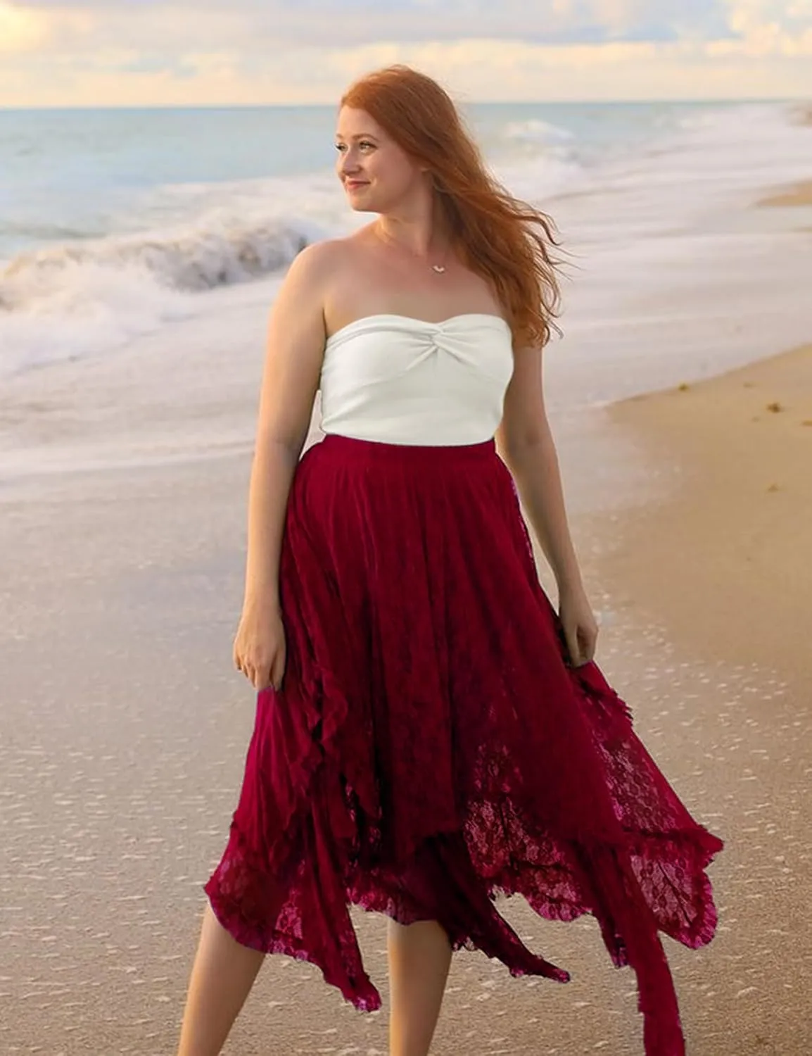 Yimoon Women's Floral Lace Long Skirts Elastic Asymmetrical Layered See-Through Maxi Skirts Sexy Sheer Flowy Beach Skirt