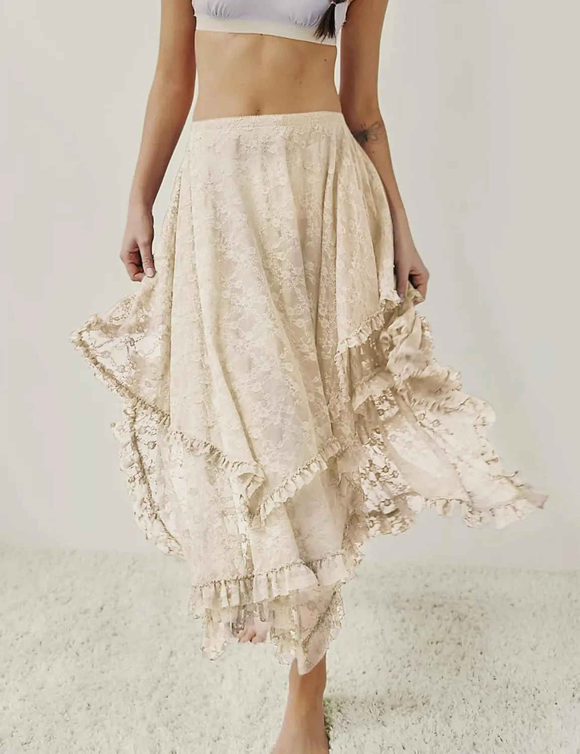 Yimoon Women's Floral Lace Long Skirts Elastic Asymmetrical Layered See-Through Maxi Skirts Sexy Sheer Flowy Beach Skirt
