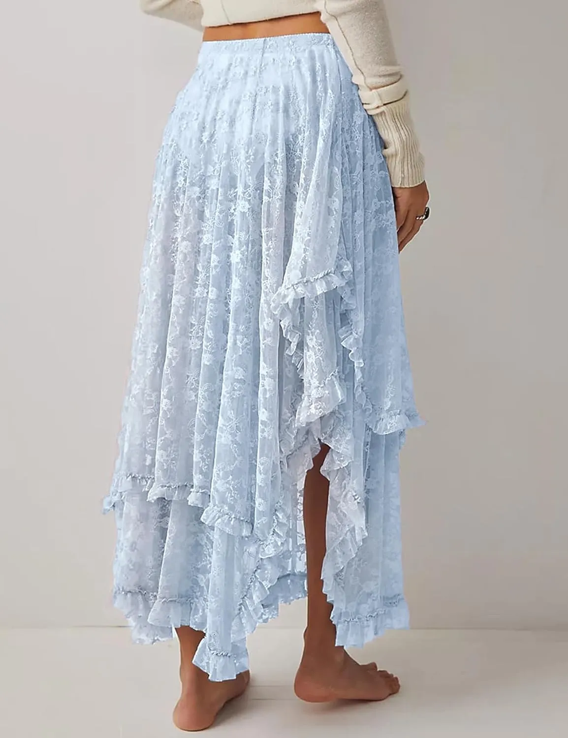 Yimoon Women's Floral Lace Long Skirts Elastic Asymmetrical Layered See-Through Maxi Skirts Sexy Sheer Flowy Beach Skirt
