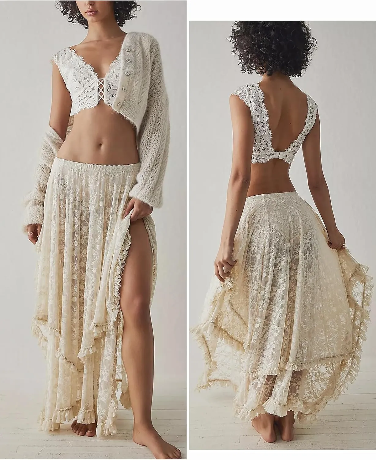 Yimoon Women's Floral Lace Long Skirts Elastic Asymmetrical Layered See-Through Maxi Skirts Sexy Sheer Flowy Beach Skirt