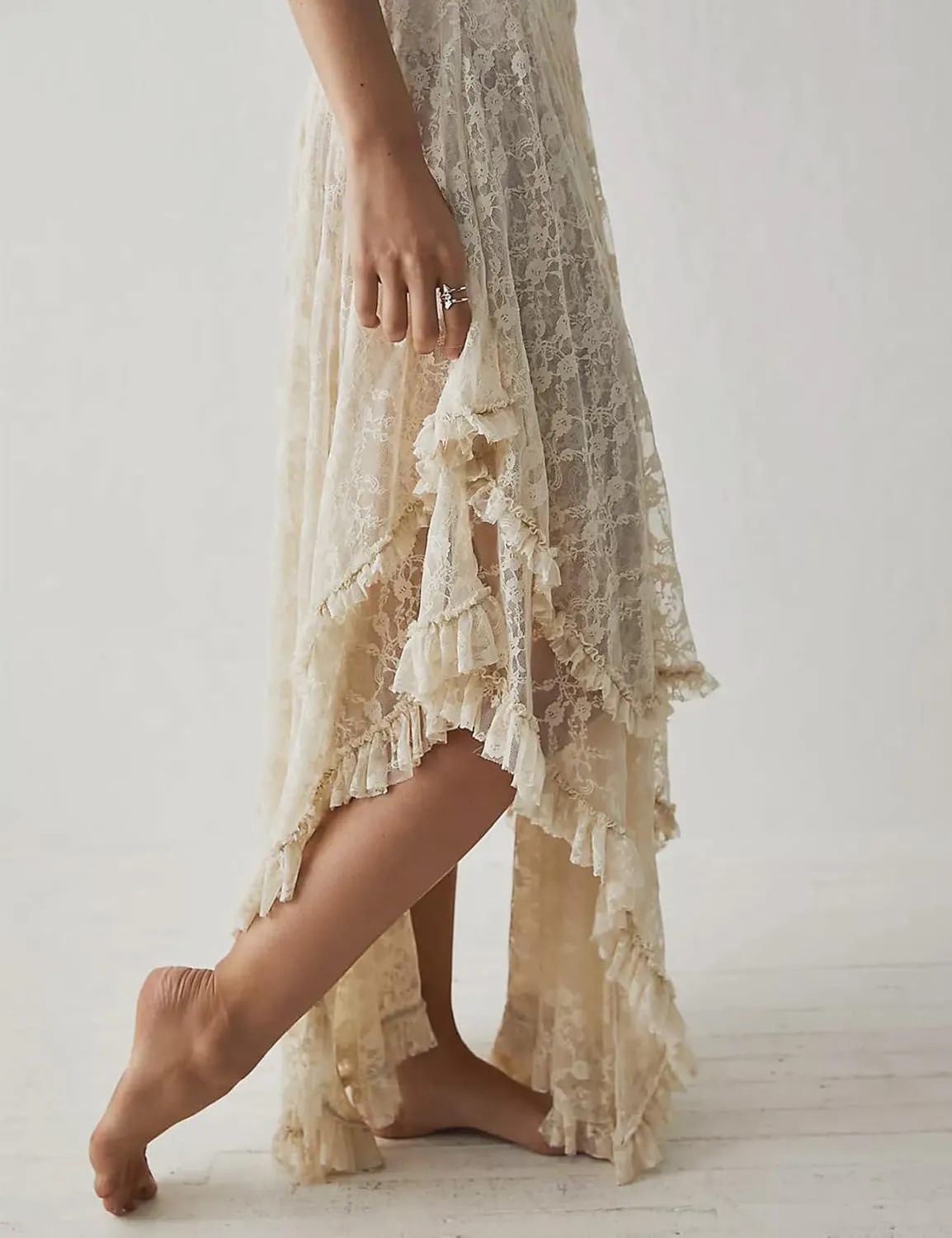 Yimoon Women's Floral Lace Long Skirts Elastic Asymmetrical Layered See-Through Maxi Skirts Sexy Sheer Flowy Beach Skirt