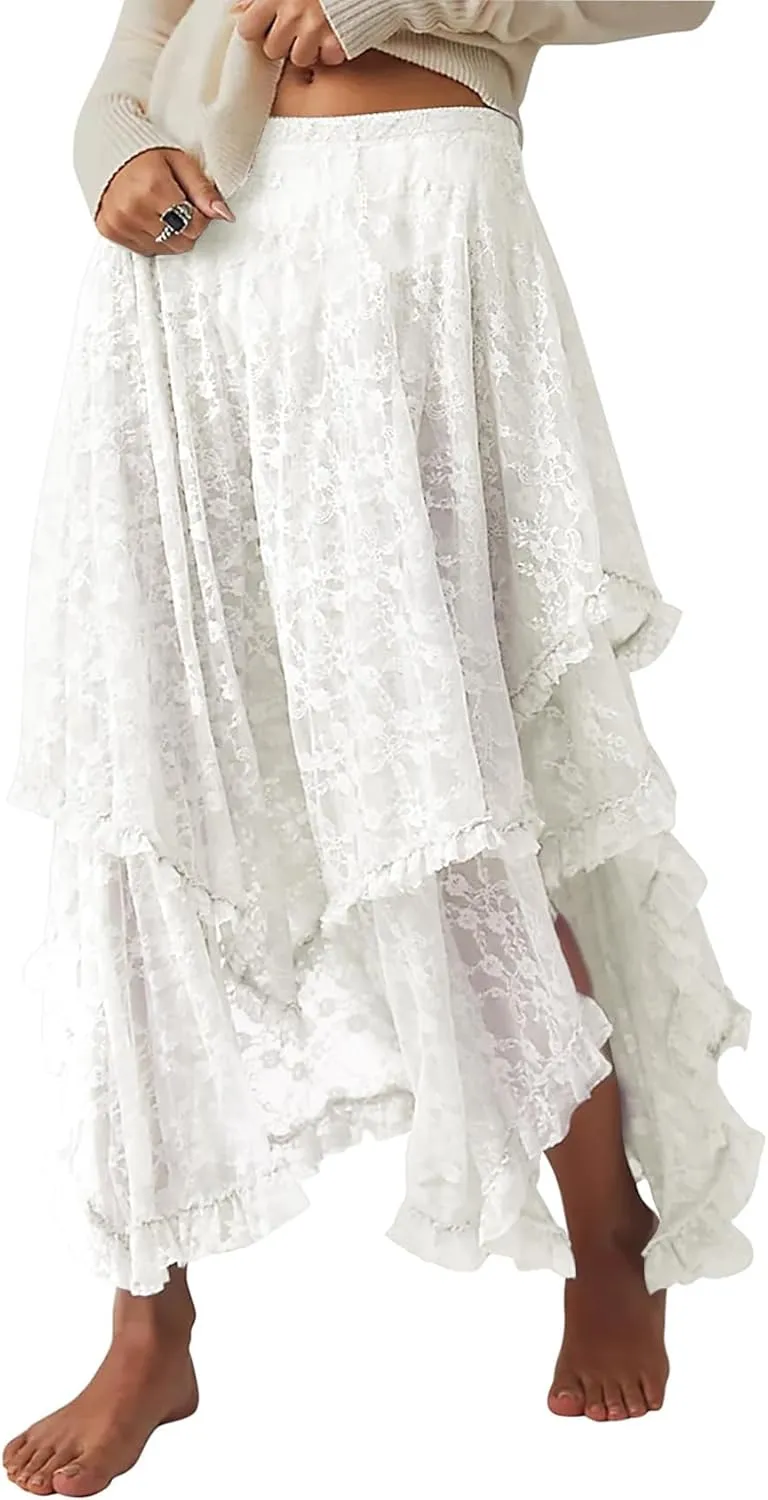 Yimoon Women's Floral Lace Long Skirts Elastic Asymmetrical Layered See-Through Maxi Skirts Sexy Sheer Flowy Beach Skirt