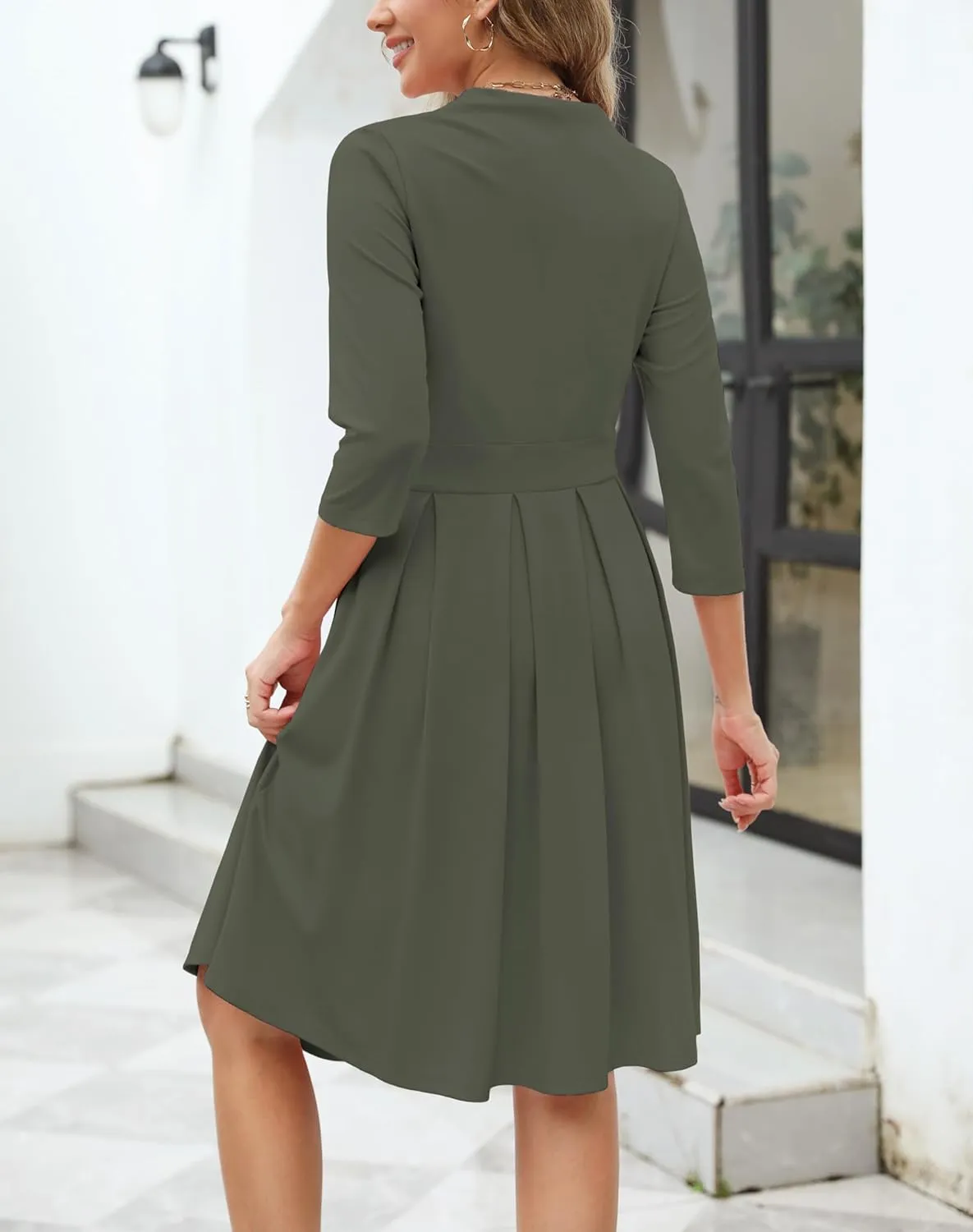 Zattcas Women 2025 Spring Summer Midi Dress Vneck 3/4 Sleeve Business Casual Work Teacher Church Knit Pleated A Line Dresses