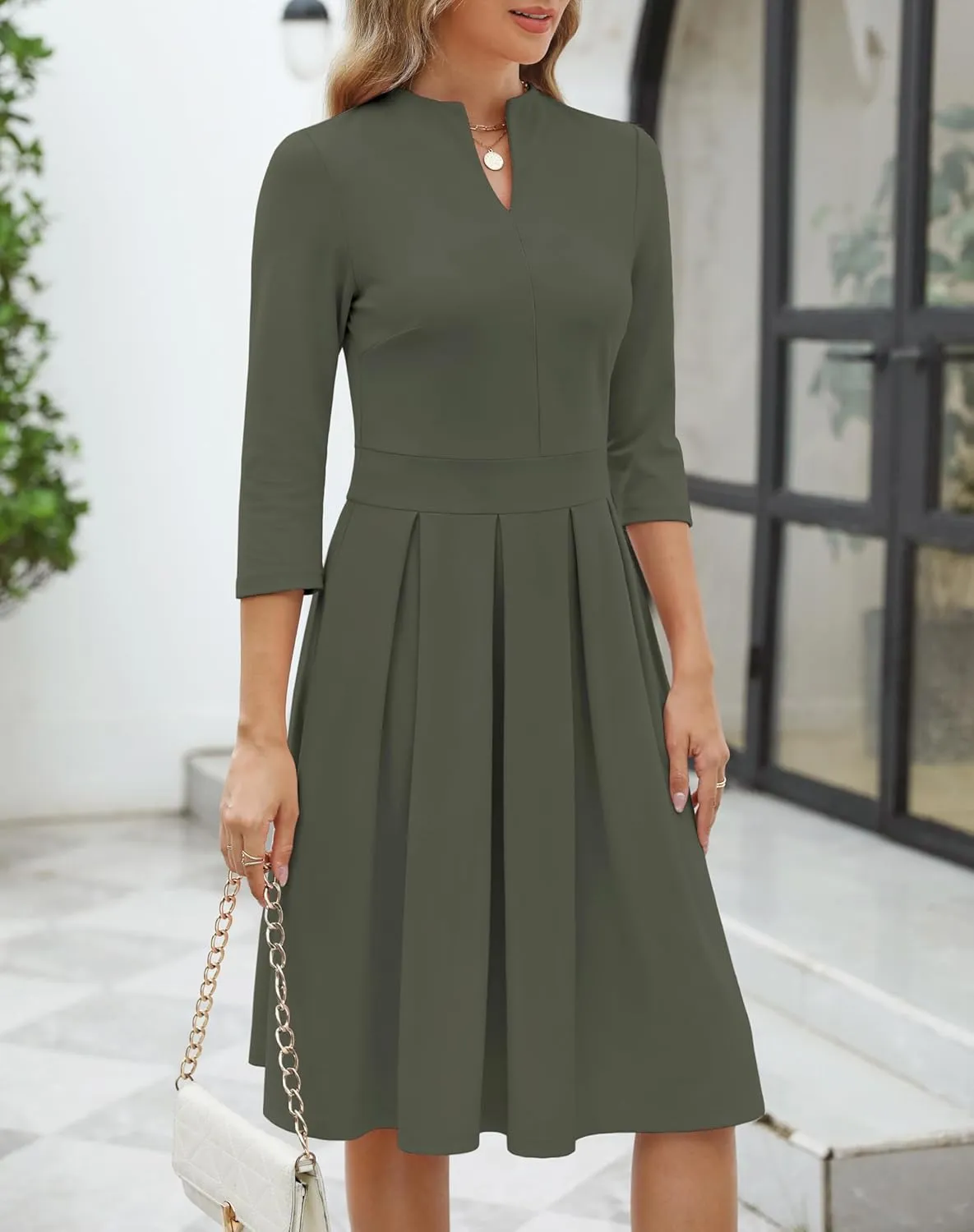 Zattcas Women 2025 Spring Summer Midi Dress Vneck 3/4 Sleeve Business Casual Work Teacher Church Knit Pleated A Line Dresses