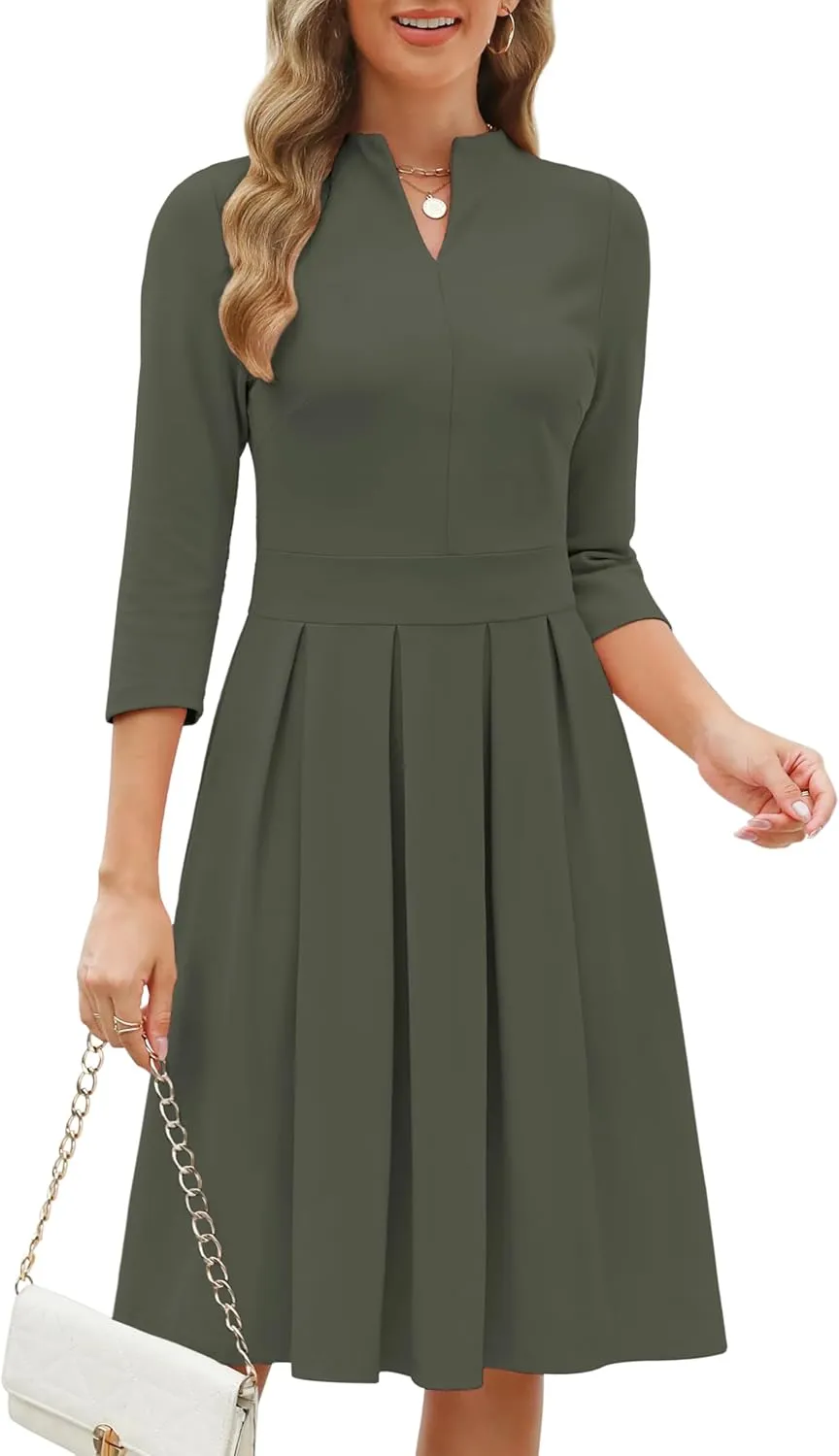 Zattcas Women 2025 Spring Summer Midi Dress Vneck 3/4 Sleeve Business Casual Work Teacher Church Knit Pleated A Line Dresses
