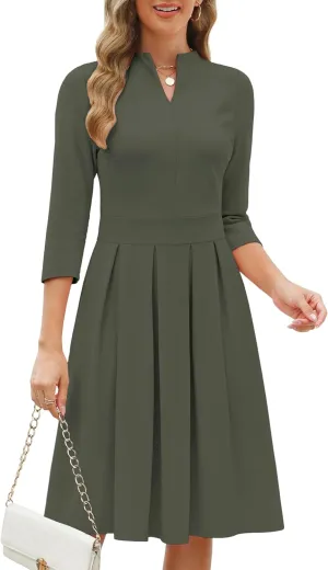Zattcas Women 2025 Spring Summer Midi Dress Vneck 3/4 Sleeve Business Casual Work Teacher Church Knit Pleated A Line Dresses