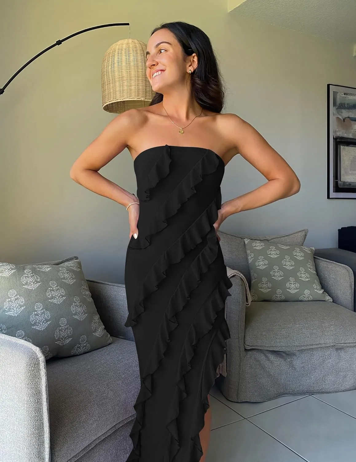 ZESICA Women's 2025 Strapless Bodycon Dress Sexy Off Shoulder Mesh Tassel Ruffle Side Split Tube Party Maxi Dresses