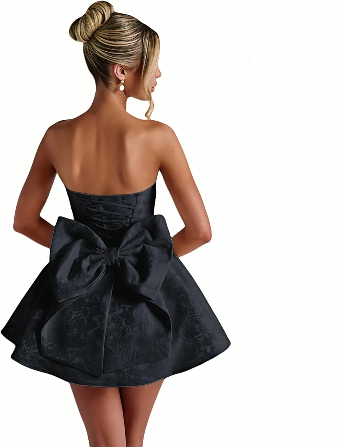 ZGMYC Jacquard Satin Homecoming Dress with Bow Elegant Strapless Mini Dress A Line Short Prom Dresses Party Gown