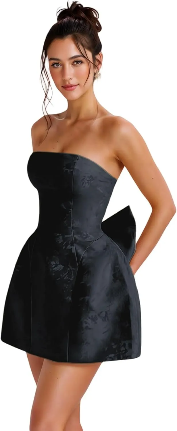 ZGMYC Jacquard Satin Homecoming Dress with Bow Elegant Strapless Mini Dress A Line Short Prom Dresses Party Gown