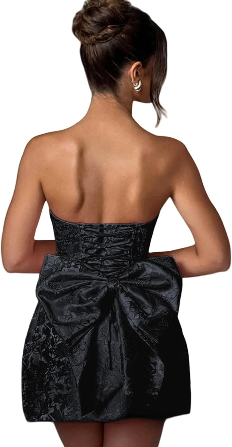 ZGMYC Jacquard Satin Homecoming Dress with Bow Elegant Strapless Mini Dress A Line Short Prom Dresses Party Gown