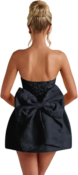 ZGMYC Jacquard Satin Homecoming Dress with Bow Elegant Strapless Mini Dress A Line Short Prom Dresses Party Gown