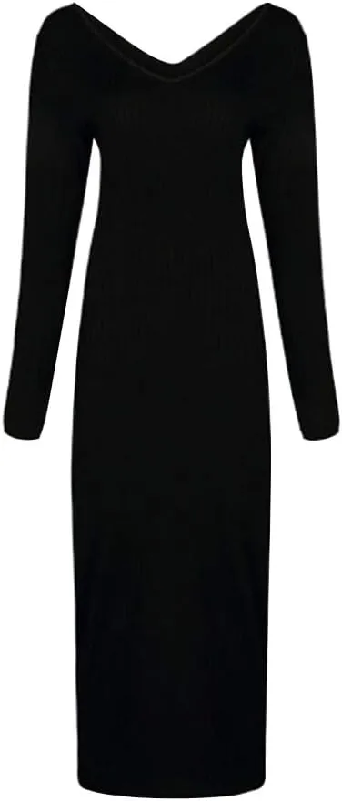 Zyyfly Women Sexy V Neck Long Sleeve Solid Bodycon Midi Dress