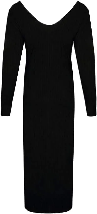 Zyyfly Women Sexy V Neck Long Sleeve Solid Bodycon Midi Dress