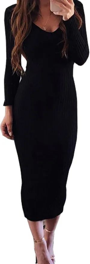 Zyyfly Women Sexy V Neck Long Sleeve Solid Bodycon Midi Dress