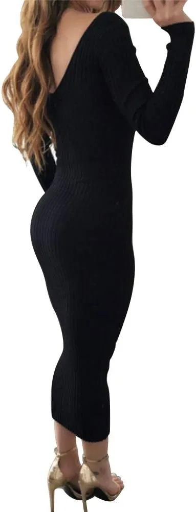 Zyyfly Women Sexy V Neck Long Sleeve Solid Bodycon Midi Dress